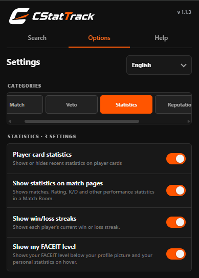 CStatTrak settings popup with language selection and independent feature toggles