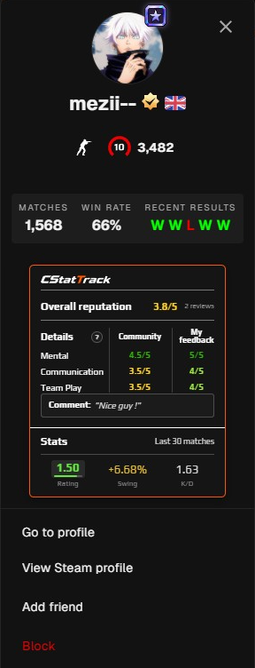 CStatTrak player panel showing community feedback, a private personal comment and recent performance statistics